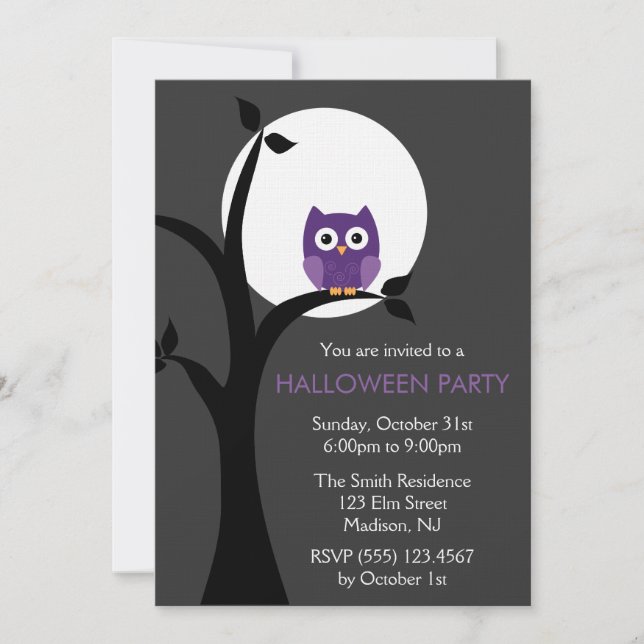 Invitation Halloween de la Pleine lune et du hibou Éffrayant (Devant)