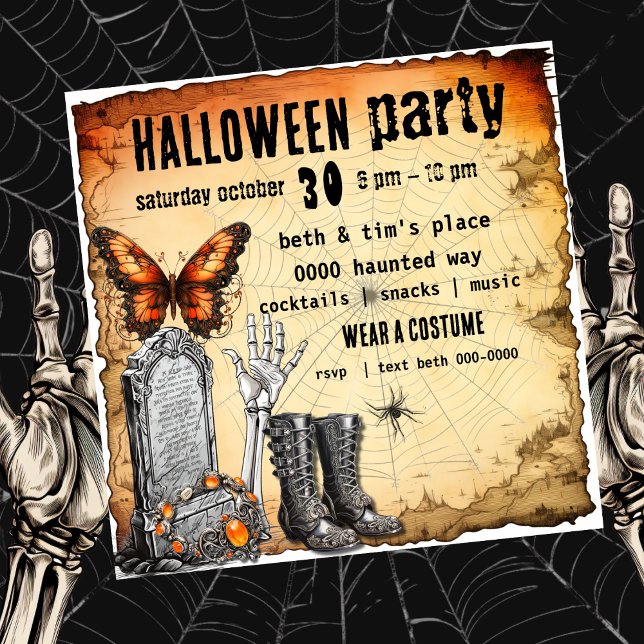 Invitation Halloween du papillon de Tombstone Squelette et Bo (Butterfly, boots and a tombstone with skeleton on a customizable Halloween party invitation. )