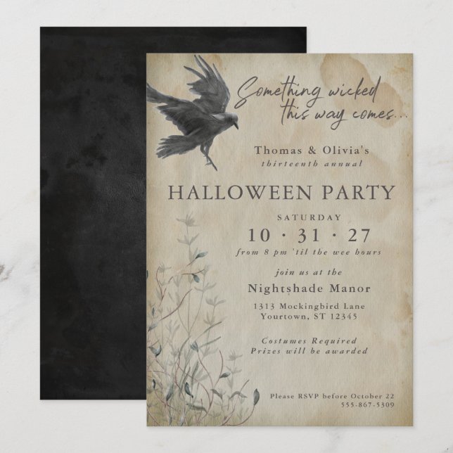 Invitation Halloween | Eerie Gothique Aquarelle Corbeau (Devant / Derrière)