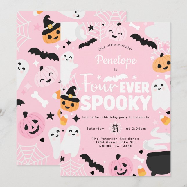 Invitation Halloween Éffrayant Fête rose 4ème anniversaire (Devant / Derrière)