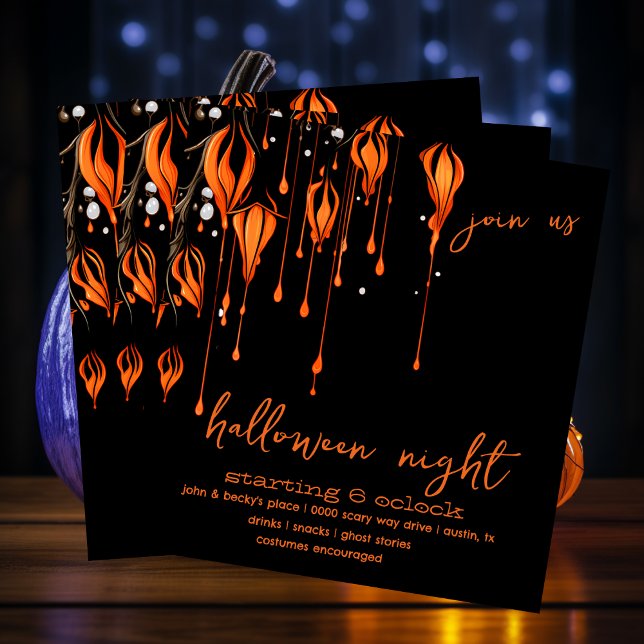 Invitation Halloween éffrayant orange et noir peint blanc (Enchanted spooky evening in orange and black Halloween night party invitation you customize. )