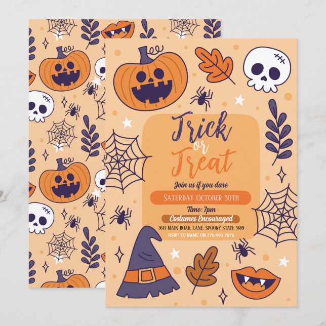 Invitation Halloween Éffrayant Trick ou Treat Party Citrouill (Devant / Derrière)