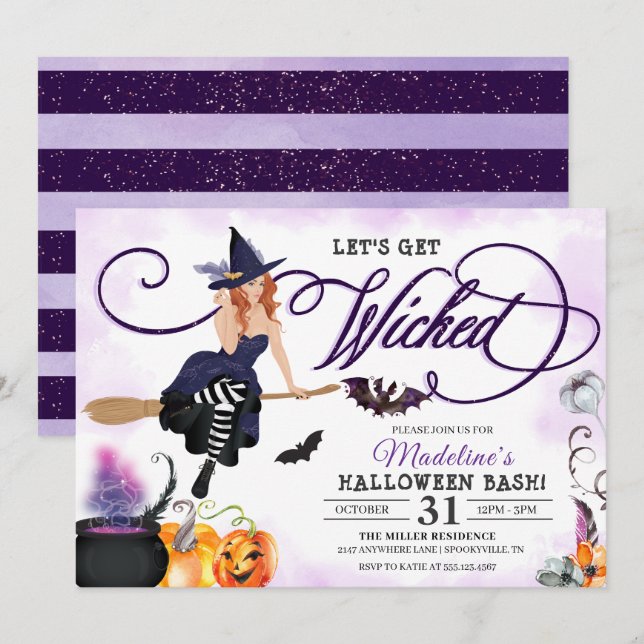 Invitation Halloween éffrayant violet en vol sorcière (Devant / Derrière)