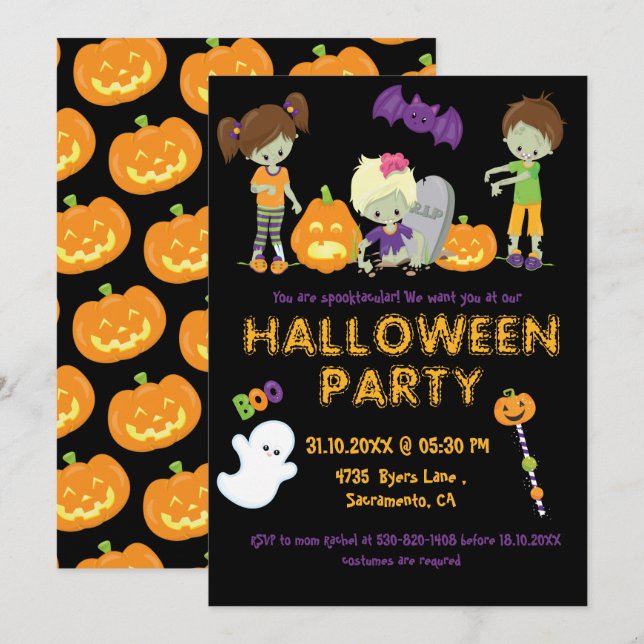Invitation Halloween Enfants Zombies Citrouille Fête Éffrayan (Devant / Derrière)