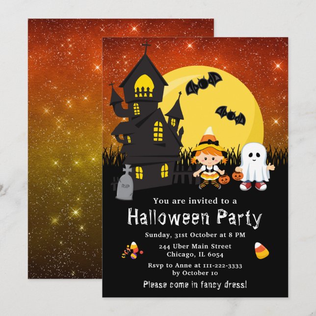 Invitation Halloween Fancy Dress Party sorcière Ghost Orange (Devant / Derrière)