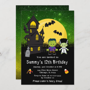 Invitation Halloween Fancy Robe Anniversaire Monstres Vert