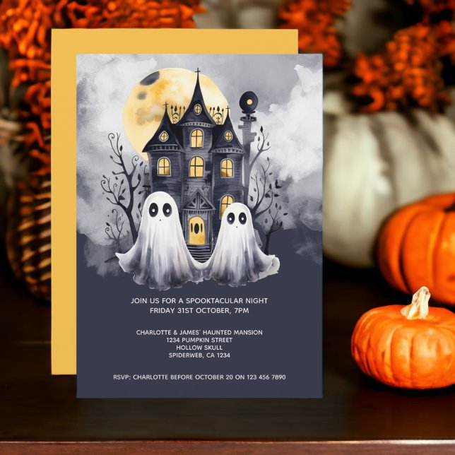 Invitation Halloween fantômes et maison hantée (Halloween Ghosts and Haunted House Party Invitations from Ricaso. Cute ghost couple invite.)