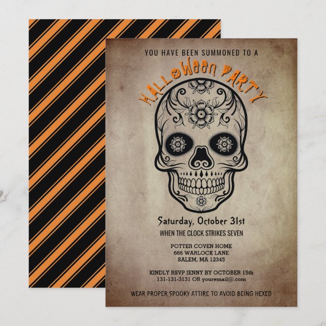 Invitation Halloween fête du crâne sucre Jour des morts (Devant / Derrière)