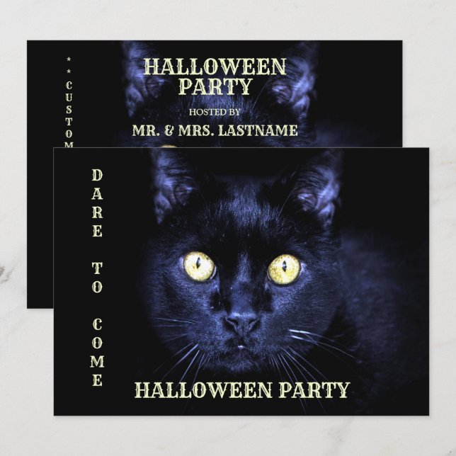 Invitation Halloween fête peur Chat noir Horreur Nuit (Devant / Derrière)