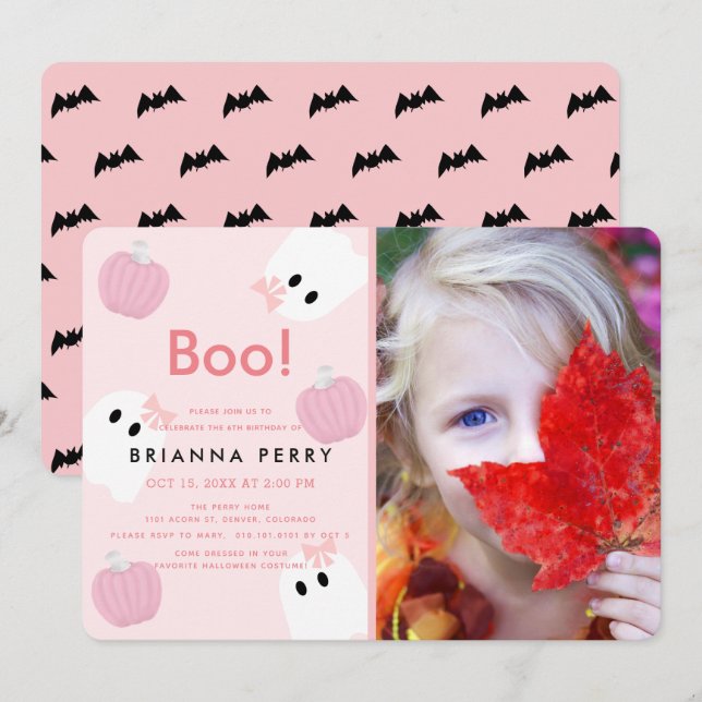 Invitation Halloween Fille Fantôme Citrouille rose photo Anni (Devant / Derrière)