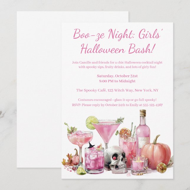 Invitation Halloween Filles Nuit dehors | Cocktail rose (Devant / Derrière)