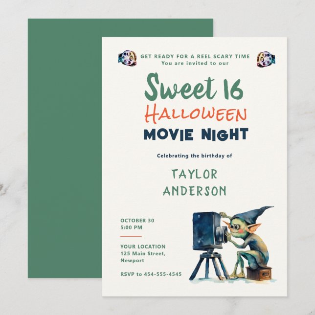 Invitation Halloween Film Nuit Cute Gremlin Fun Sweet 16 (Devant / Derrière)