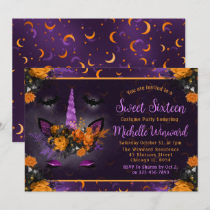 Invitation Halloween Fleurs Licorne Visage Sweet Sixteen