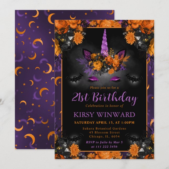 Invitation Halloween floral licorne visage Anniversaire (Devant / Derrière)