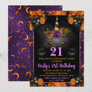 Invitation Halloween Floral Unicorn Face 21e Anniversaire