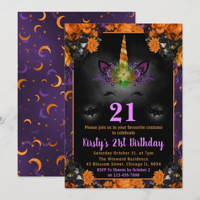 Invitation Halloween Floral Unicorn Face 21e Anniversaire (Devant / Derrière)