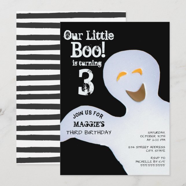Invitation Halloween Ghost Little Boo à l'âge de 3 3ème anniv (Devant / Derrière)