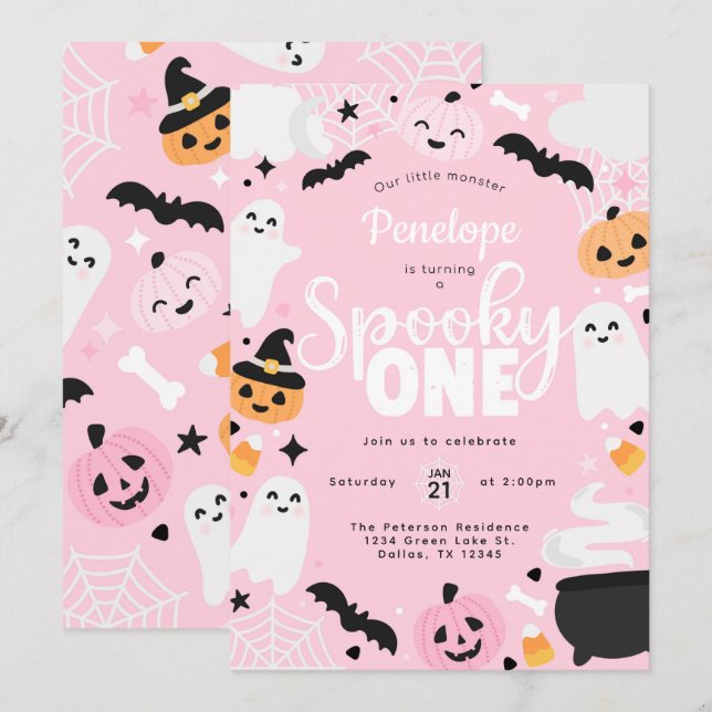 Invitation Halloween Ghost Pink 1st Birthday Party (Devant / Derrière)