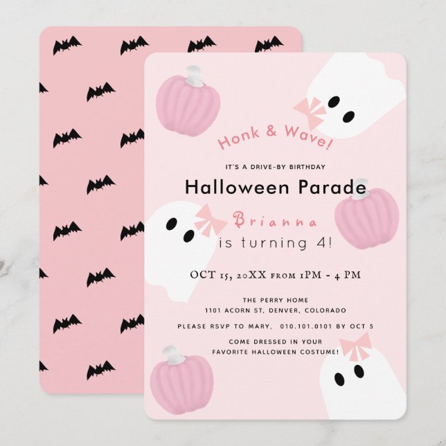 Invitation Halloween Ghost Pink Citrouille Drive by Anniversa (Devant / Derrière)