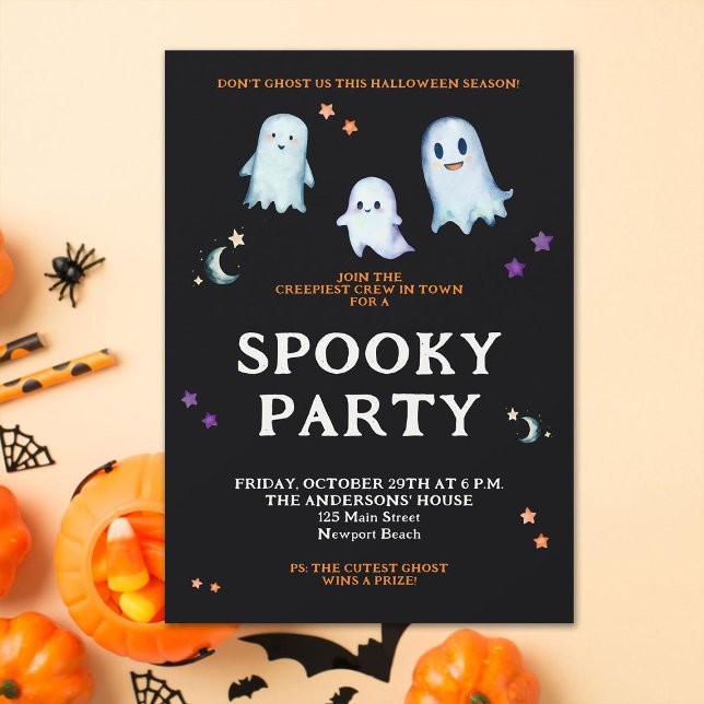 Invitation Halloween Ghosts Moon Stars Famille Fête Fun (Halloween family home party invitation cute ghosts black orange purple spooky funny fun simple clean)