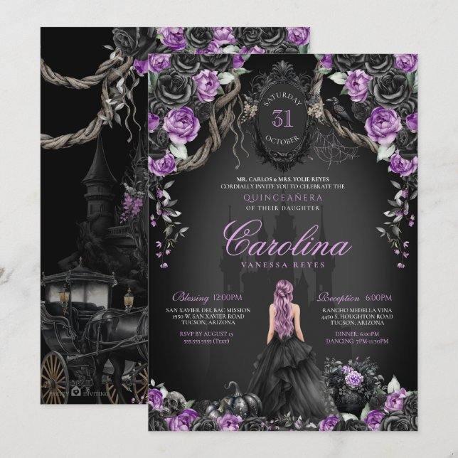Invitation Halloween gothique violet princesse noire Quincean (Devant / Derrière)