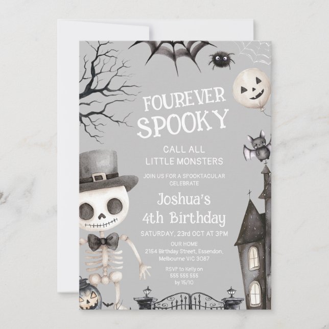 Invitation Halloween Gray Boys Foureusement Éffrayant 4ème an (Devant)
