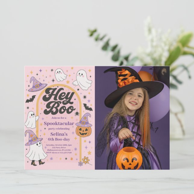 Invitation Halloween Hey Boo Cute Fantôme Anniversaire Photo (Debout devant)