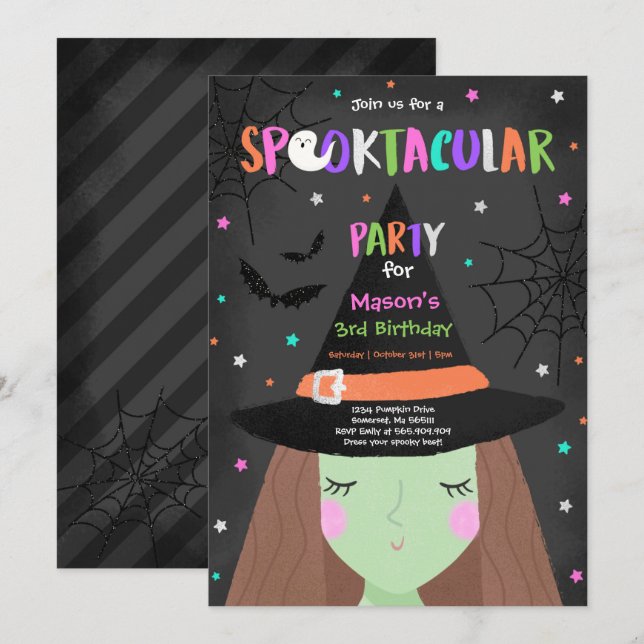 Invitation Halloween jolie sorcière Anniversaire fête Spookta (Devant / Derrière)