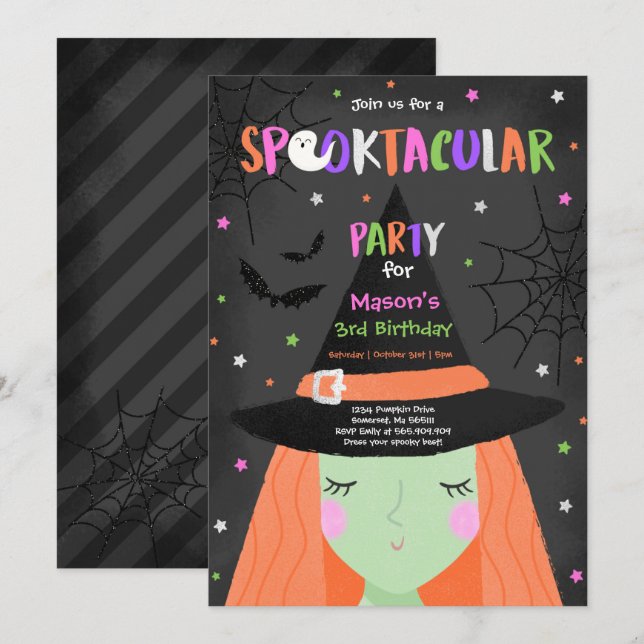 Invitation Halloween jolie sorcière Anniversaire fête Spookta (Devant / Derrière)