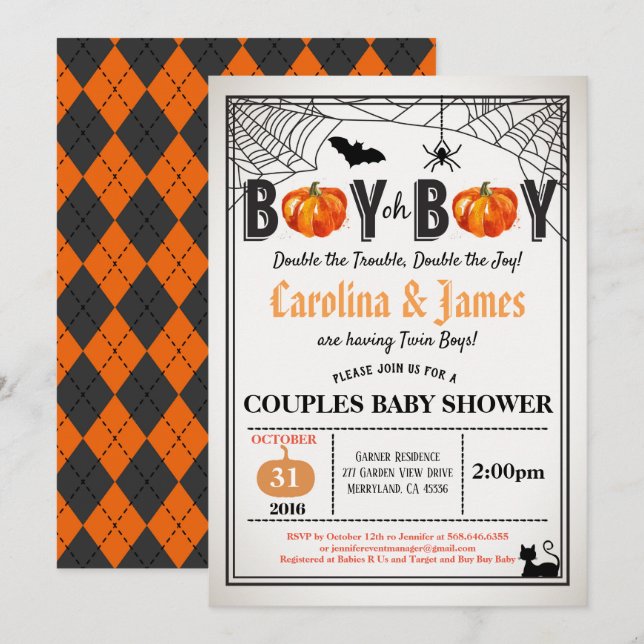 Invitation Halloween jumeaux citrouilles garçon douche coed r (Devant / Derrière)