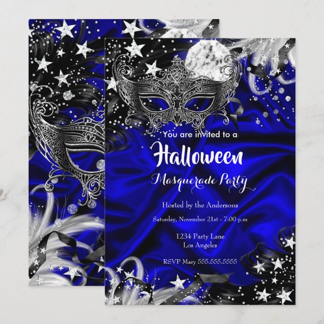 Invitation Halloween la nuit magique Masquerade Party bleu (Devant / Derrière)