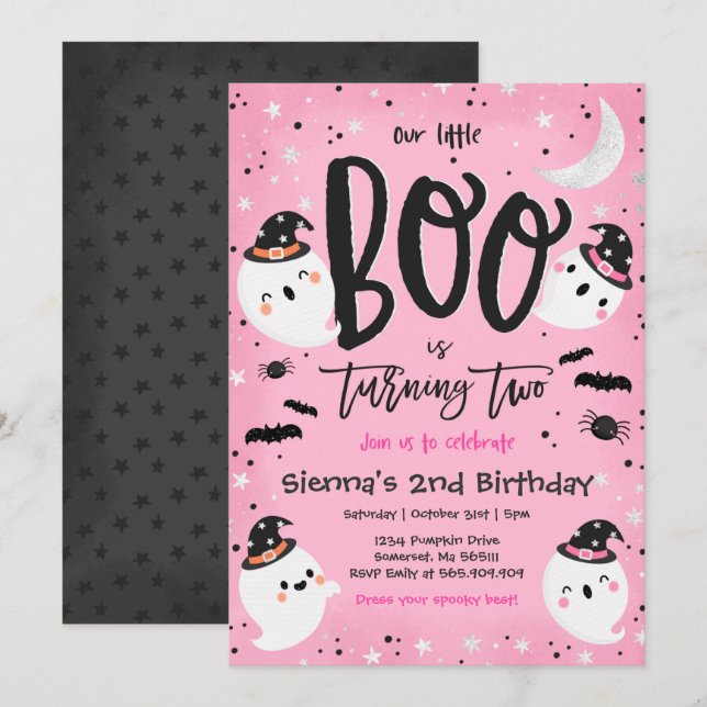 Invitation Halloween Little Boo Pink Ghost 2e fête d'annivers (Devant / Derrière)