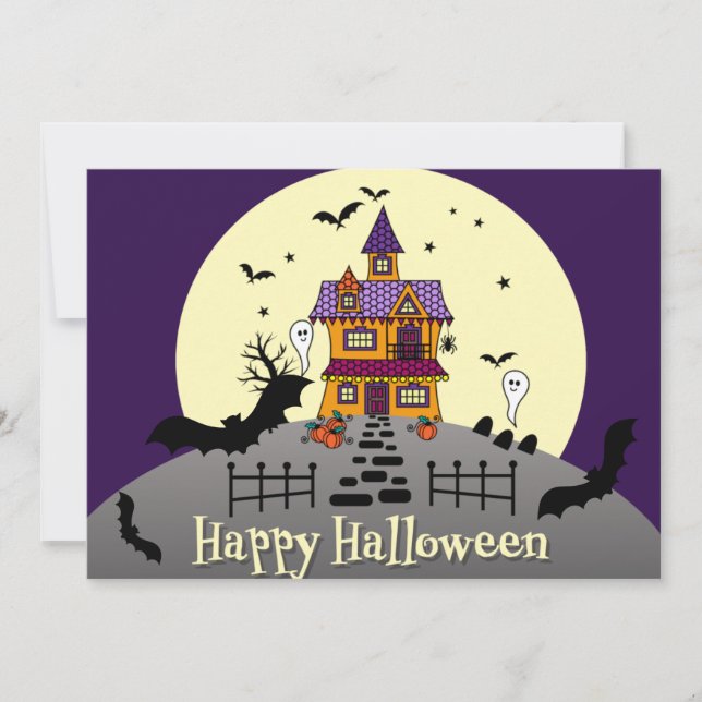 Invitation Halloween Maison hantée Chauve-chauve Pleine lune  (Devant)