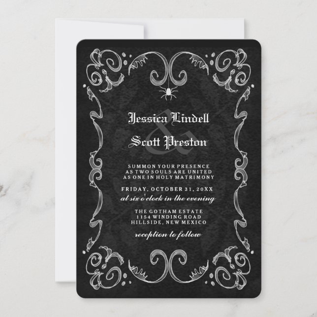 Invitation Halloween Mariage Noir NOMS gothiques SUR LE DOS (Devant)