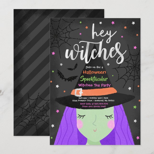 Invitation Halloween mignonne Hey sorcières Halloween Tea Par (Devant / Derrière)