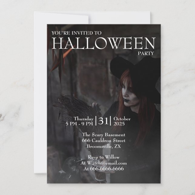 Invitation Halloween Modern Gothic Witch Broom Dark Photo (Devant)