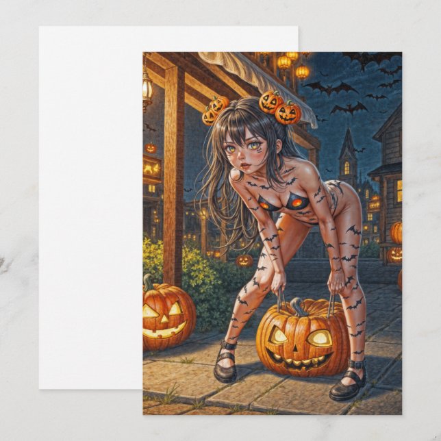 Invitation Halloween Monster Jack-o-Lantern & Bat Vixen Girl (Devant / Derrière)