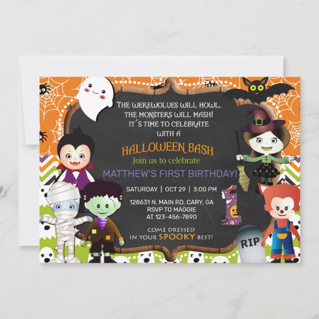 Invitation Halloween monstres 1er anniversaire invitation, in (Devant)