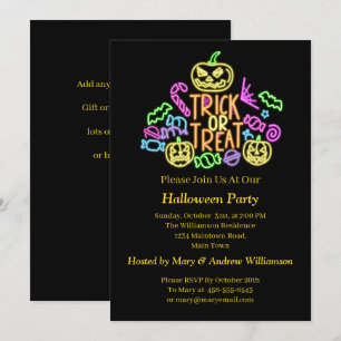 Invitation Halloween Neon Glow Look Tri Treat Candy Party