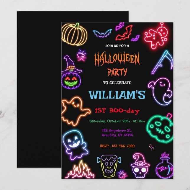 Invitation Halloween Neon Kids Birthday Party Glow Dark  (Devant / Derrière)