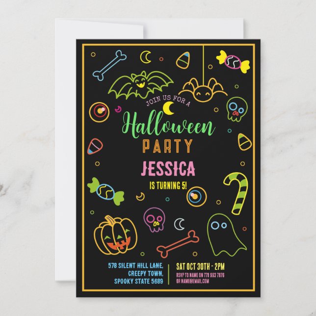 Invitation Halloween Neon Kids Party Glow Dark Party (Devant)