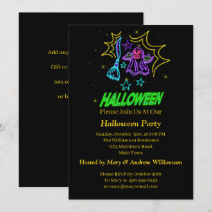 Invitation Halloween Neon Llow Look Purple Ghost Broom Party