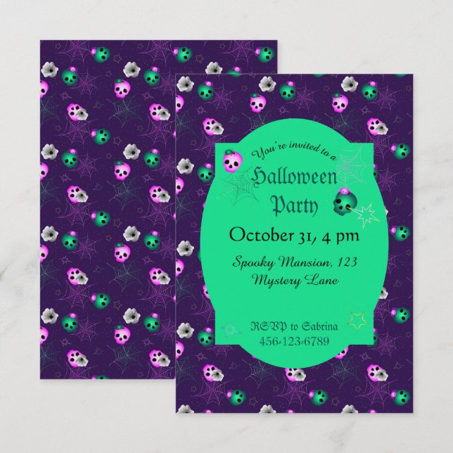 Invitation Halloween Neon rose et vert crâne brillant Inv (Devant / Derrière)