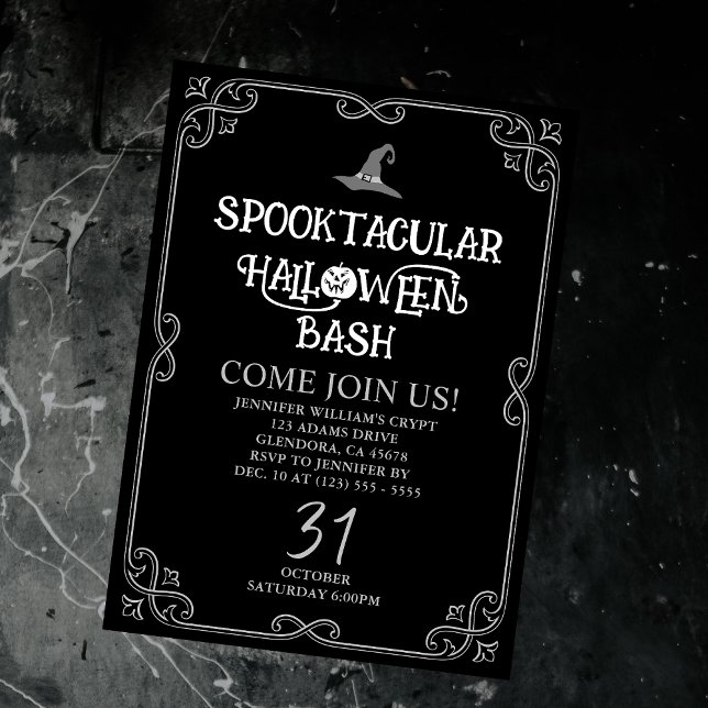 Invitation Halloween Noir et Blanc Fancy Club Party (Set the mood for your witchy Halloween party with our black-and-white witch club invitation card!)