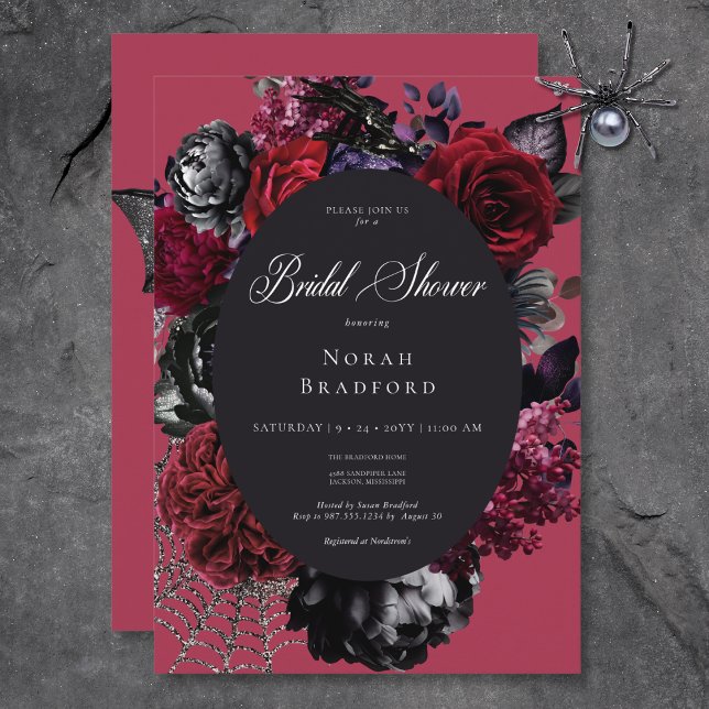 Invitation Halloween noir glam Floral Fête des mariées rouge (Dark Halloween Glam Floral Red Bridal Shower Invitation)