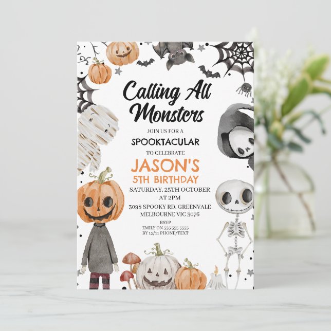 Invitation Halloween Orange Appeler tous les monstres Anniver (Debout devant)