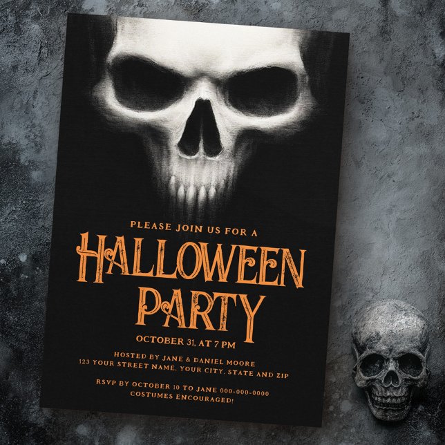 Invitation Halloween parti déplaisant crâne fantôme noir oran (Halloween party creepy ghost skull black orange invitation)