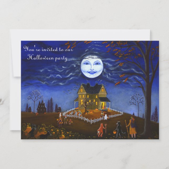 Invitation Halloween, partie, invitation, sorcière, lune, (Devant)