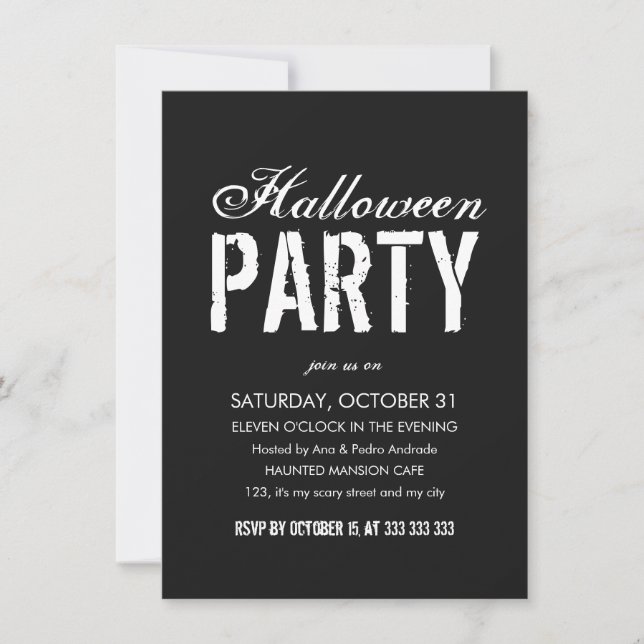 Invitation Halloween Party Black White Grunge Script adulte (Devant)