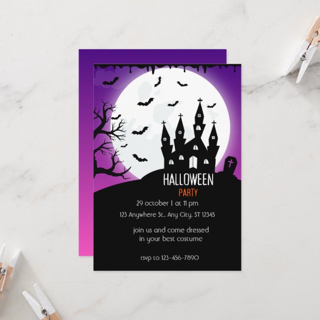 Invitation Halloween Party bright purple And Black (Devant/Arrière en situation)